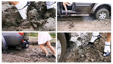 Sexy Julia got her powerful pickup stuck in deep soft mud