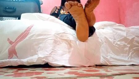Holy Church Girl Fare Angle’s Wrinkled Soles Crossed at Ankles On Bed & Side by Side