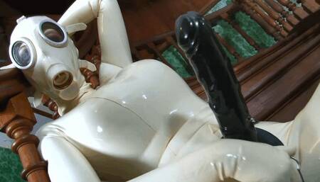 Sexy Girl Plays With Her Pussy In White Rubber Latex Catsuit + Gas Mask - Part 1 of 2