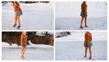 Sexy Emily on two pairs flip flop high heel mules on the slippery ice frozen river