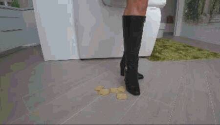 Crushed biscuits stomping with leather boots d