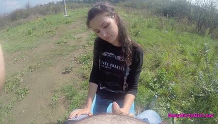 I suck his cock deep outside in the sun