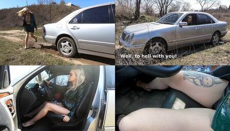 Arrogant blonde on Mercedes against protesters