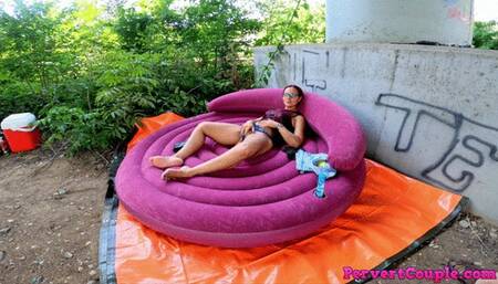 Horny milf fucked next to a busy railway track