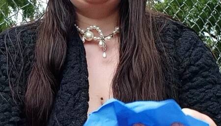 Miss Purrrfect smoking in light blue latex gloves