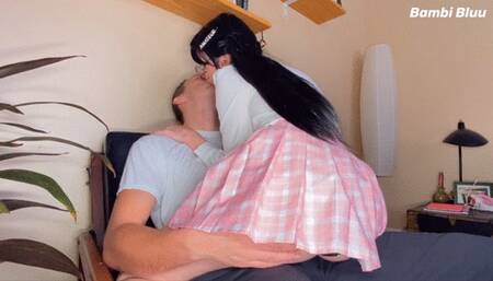 Nerd Schoolgirl in Glasses and Pigtails Fucks her Big Cock Stepdad