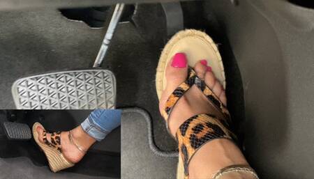 PiP Revving in the Buick in Leopard Wedge Espadrille Mules & Barefoot