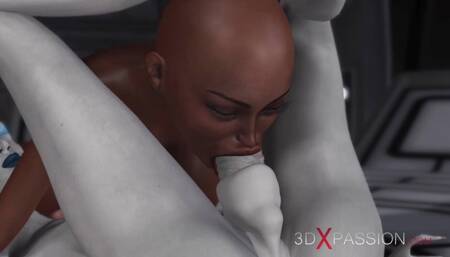Sexy Sci-fi Female Alien Plays with a Black Girl in the Space Station