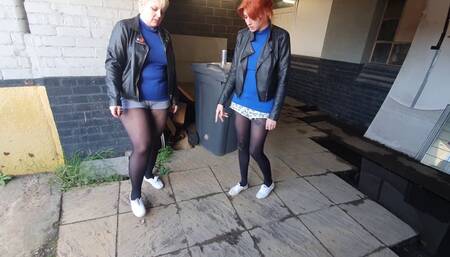 1322 Amber and Roxie in Leather Jacket Smoke Break