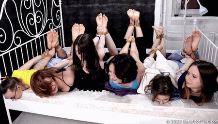 Six barefoot girls of completely different ages tied together with duct tape on the bed in different poses (Part 4 of 4) #20220306