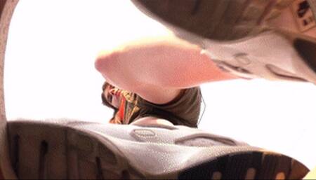 Clothed girl in Nike Huarache Run sneakers practices trampling outdoors, fc215x 1080p