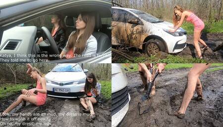 Two girls stuck hard in deep mud