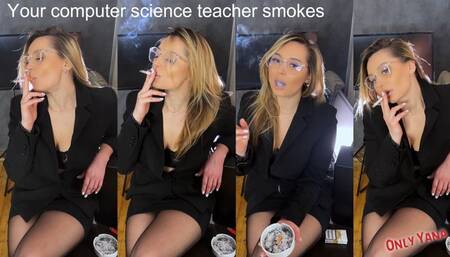Black jacket, black skirt, tights and glasses- Your computer science teacher smokes 2 marlboros