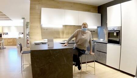 Kitchen store public crossed legs orgasm