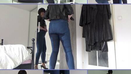 Destruction of old jeans, peeing in high-waisted jeans