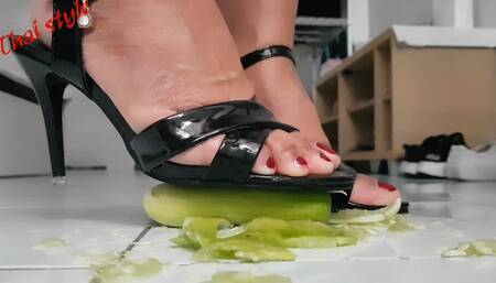 Muai crush vegetables in high heels