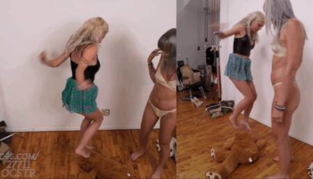 Ella Noir and Abi Plushies Squished by 4 Sexy Feet - Above and Side View 4K