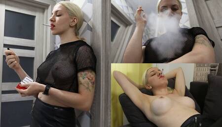 Vulgar blonde in leather smokes after party