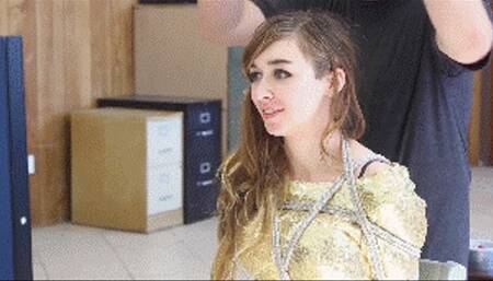 Prom queen Penelope, in her spectacular golden dress is tied and gagged by the stalker!