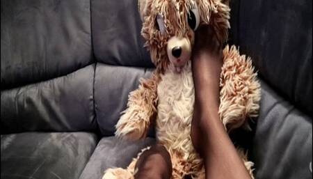 Feet playing with Teddy wearing black nylon stockings