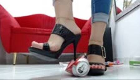 crushing and recycling some cardboxes, plastics  and  food and tincans with very sexy highheels mules