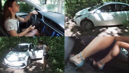Nicky trying to drive through muddy forest and getting stuck
