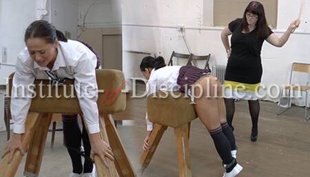 Naughty girls get caned in the school hall 1080
