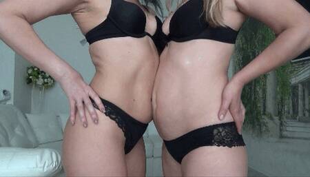 Lory and Victoria rubbing sticky bellies 2B