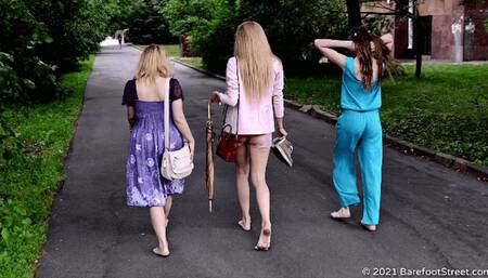 Three blondes Irene, Lilia and Valentina walk barefoot in the city after a summer rain (Part 1 of 6) #20211017