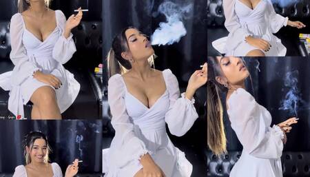 White flowy minidress and a cute smoker smoking while flirting with you!