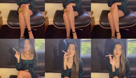 Smoking a misty 120s in a sparkling green minidress