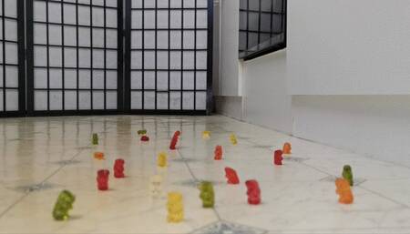 Gummy bears gang under wooden mules