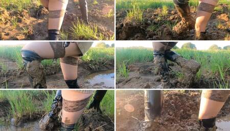Sexy Julia stuck hard in mud wearing high heel boots and stockings PUSSY VIEW
