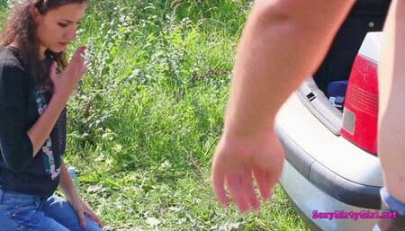 I kneel on the grass and suck his cock outdoor