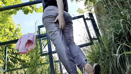 Khaki trousers outdoor walking wetting peeing