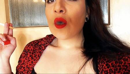 Smoking red lipstick and exposed bra