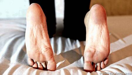 Poor young girl Vera with tired, worn-out feet barefoot in a dirty hostel (Part 3 of 6) #20220407