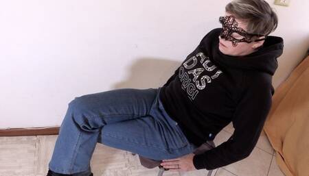 Fully dressed crossed legs orgasm