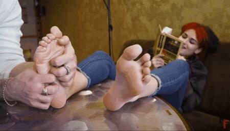 Bad naughty Red Hair girl reads a book while her pretty feet get tickled (FULL HD MP4)