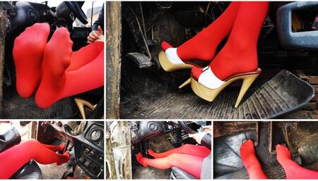 Pedal pumping in old russian jeep UAZ wearing sexy red pantyhose