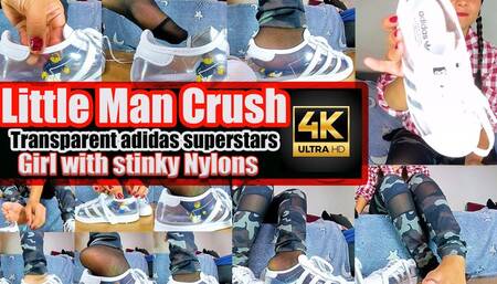 Sexygirl crushes a little man Little dwarf You get under my smelly nylons in my Adidas Clear Sneaker and get crushed barefoot underneath