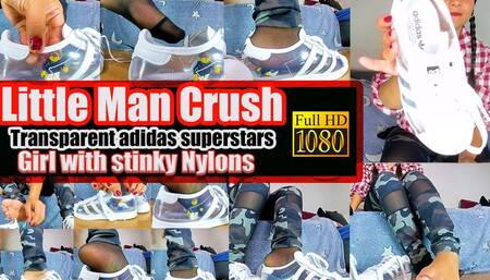 Sexygirl crushes a little man Little dwarf You get under my smelly nylons in my Adidas Clear Sneaker and get crushed barefoot underneath HD