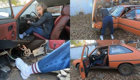 Neighbor watching Nastya in trouble with her parents' old car