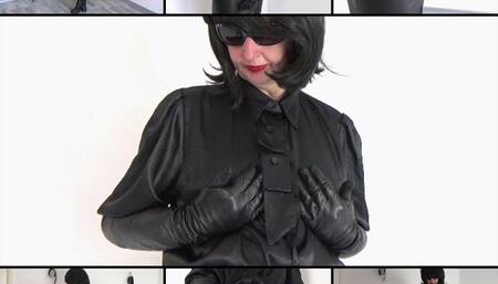 Mistress in a satin shirt and long leather gloves before handjob
