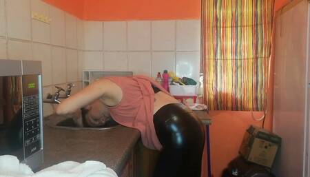 Leather shinny pants while washing hair