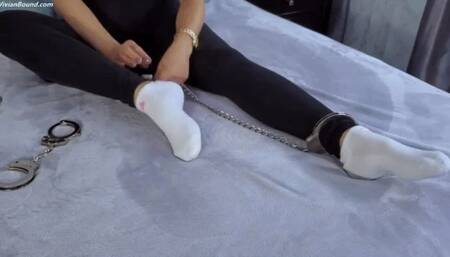 Afternoon Cuff Self Bondage - MP4- Vivian Ireene Pierce, Black leggings, ADIDAS Socks, Bodysuit, Watch, OTM Cleve Gag, Bandana Gag, Hogtie Cuff Bondage