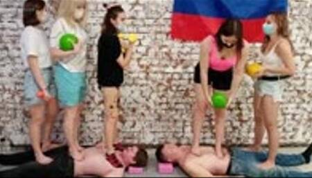 Moscow multitrampling contest #29 (Full): tiptoe squeezing & 4 girls on stomach & facestanding & facesitting & heels trampling - stomach wound
