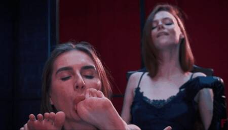 Dominant position of Lisenok - Tickling her girlfriend Kelly and making her a foot slave (HD 720p MP4)