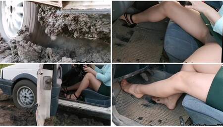Sexy girl in pantyhose and in high heels stuck hard deep soft mud UPSKIRT
