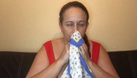 Blowing Nose in Large Blue and White Floral Hanky 10 21